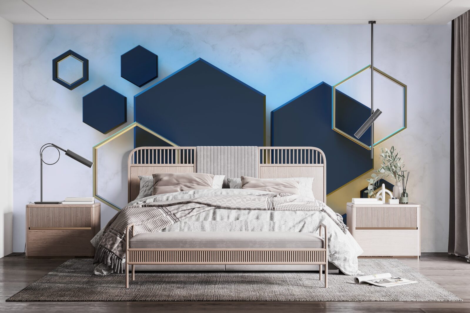 Papier peint hexagones noirs flottants