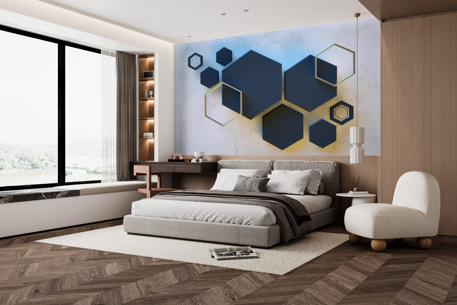 Papier peint hexagones noirs flottants