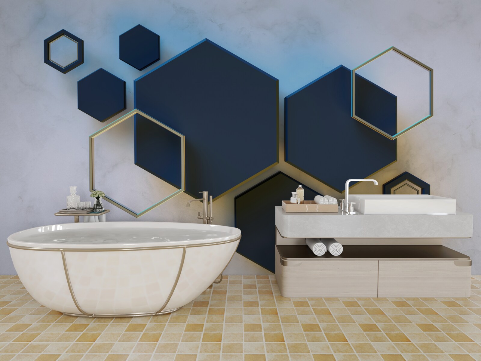 Papier peint hexagones noirs flottants