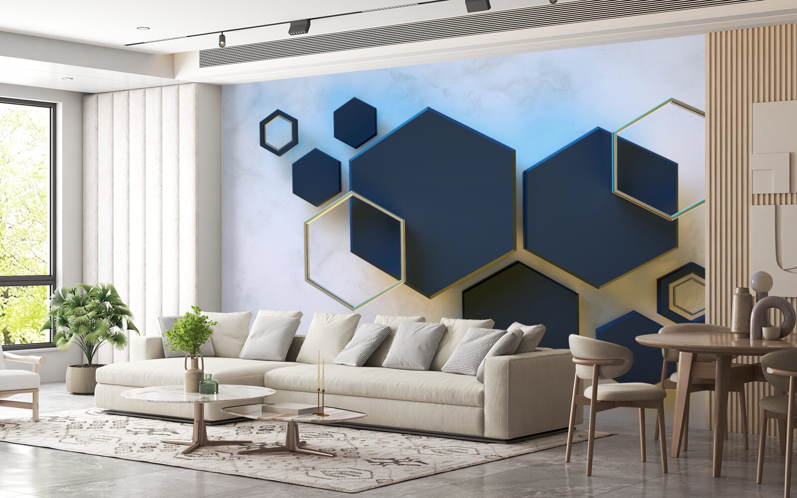 Papier peint hexagones noirs flottants