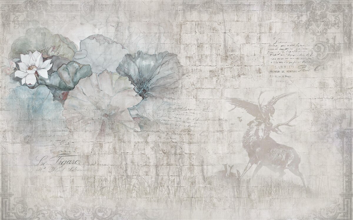 Papier peint aquarelle représentant un cerf et des fleurs bleues