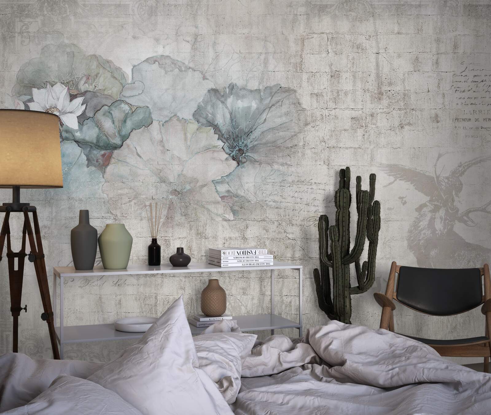 Papier peint aquarelle représentant un cerf et des fleurs bleues