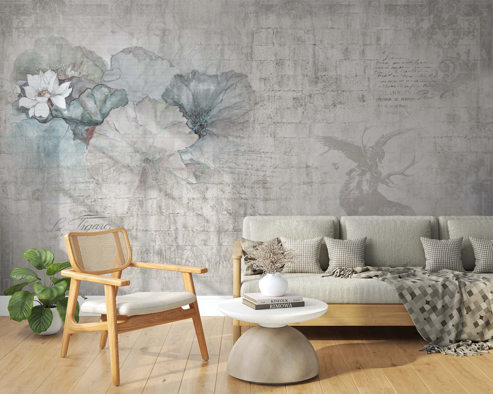 Papier peint aquarelle représentant un cerf et des fleurs bleues