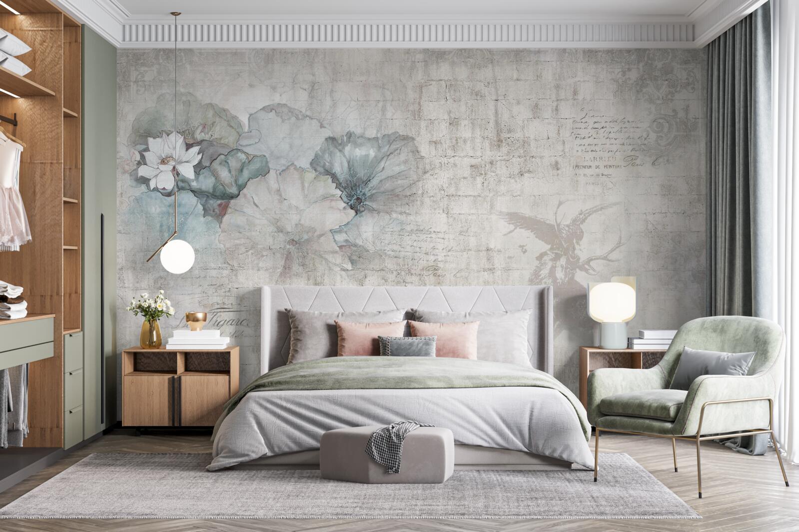 Papier peint aquarelle représentant un cerf et des fleurs bleues