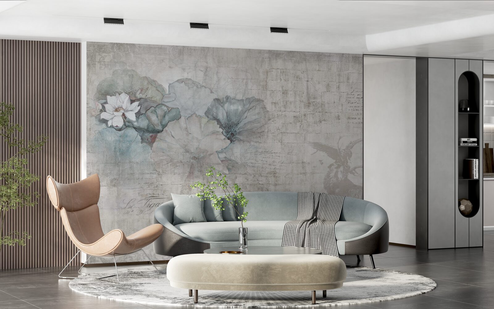 Papier peint aquarelle représentant un cerf et des fleurs bleues