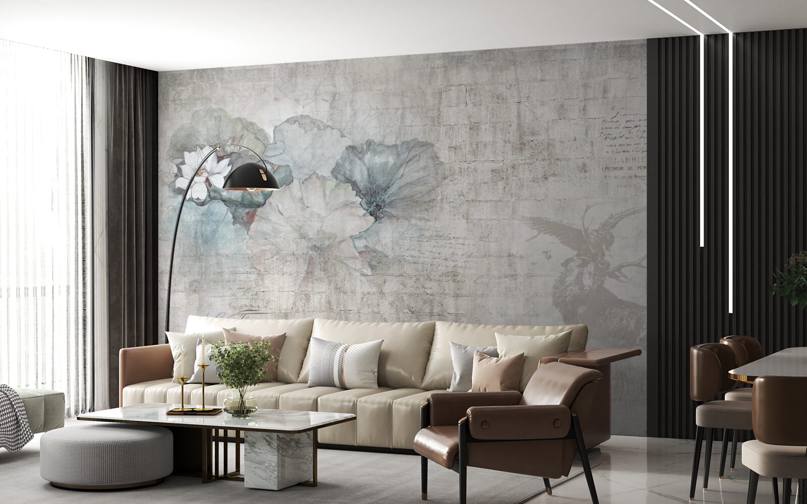 Papier peint aquarelle représentant un cerf et des fleurs bleues