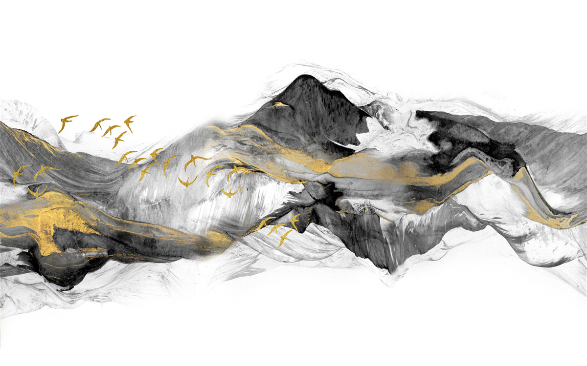 Papier peint image abstraite d'oiseaux et de montagnes sur fond blanc