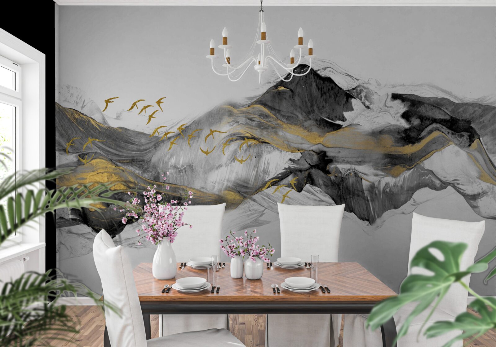 Papier peint image abstraite d'oiseaux et de montagnes sur fond blanc