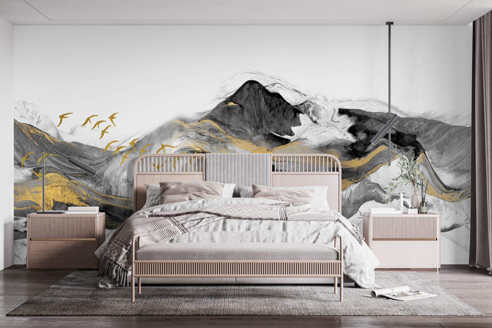 Papier peint image abstraite d'oiseaux et de montagnes sur fond blanc