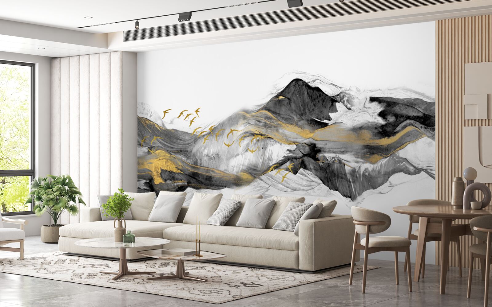 Papier peint image abstraite d'oiseaux et de montagnes sur fond blanc