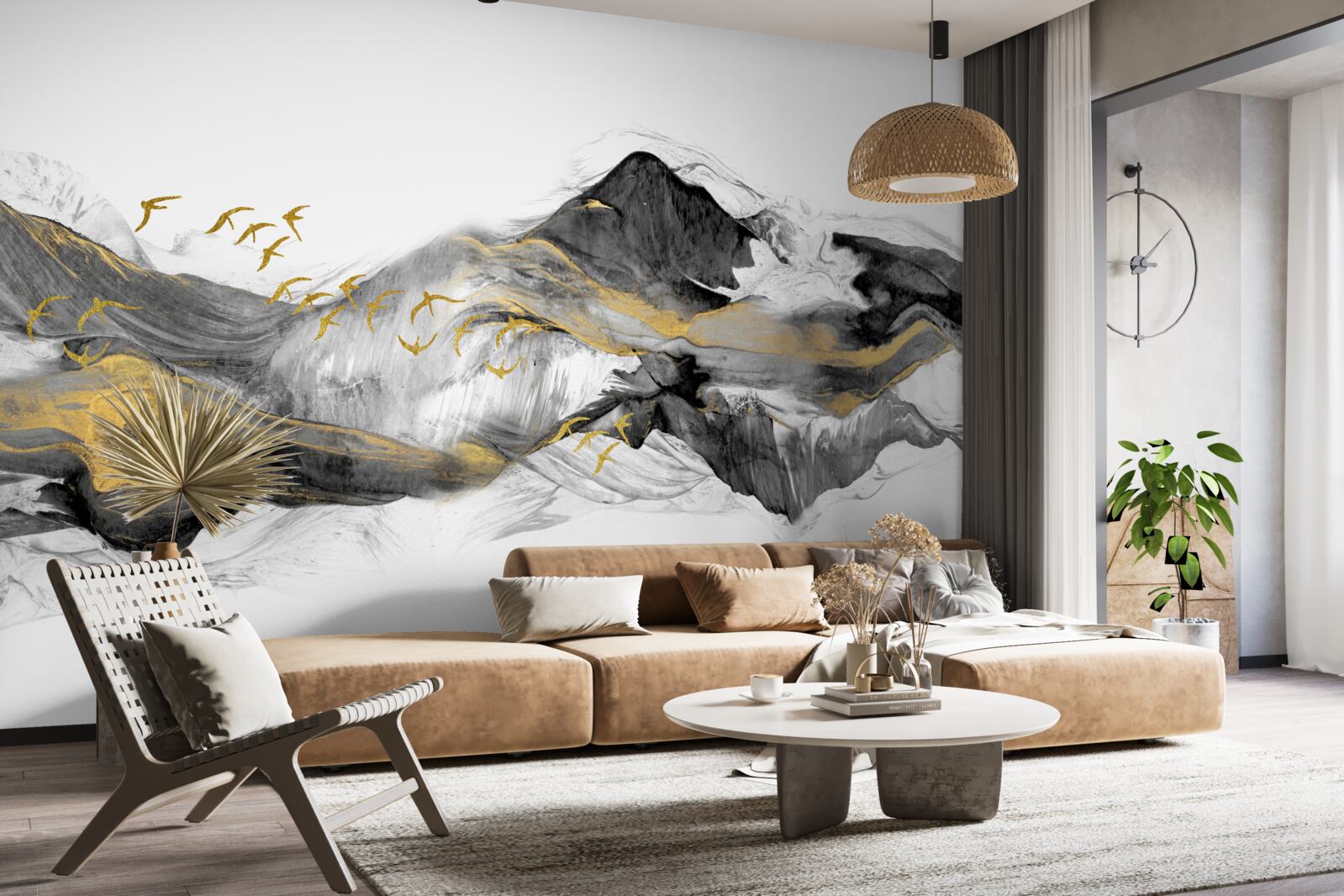 Papier peint image abstraite d'oiseaux et de montagnes sur fond blanc