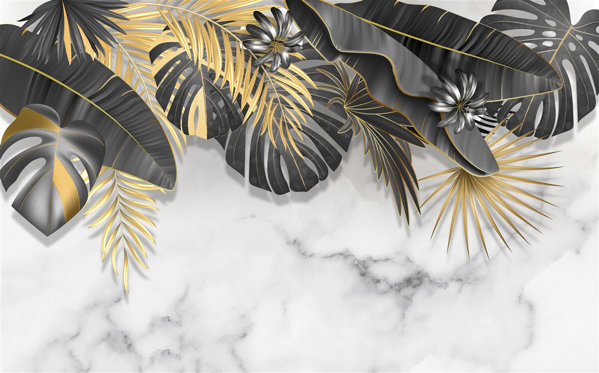 Papier peint La jungle tropicale étale des nuances de noir et de feuilles d'or