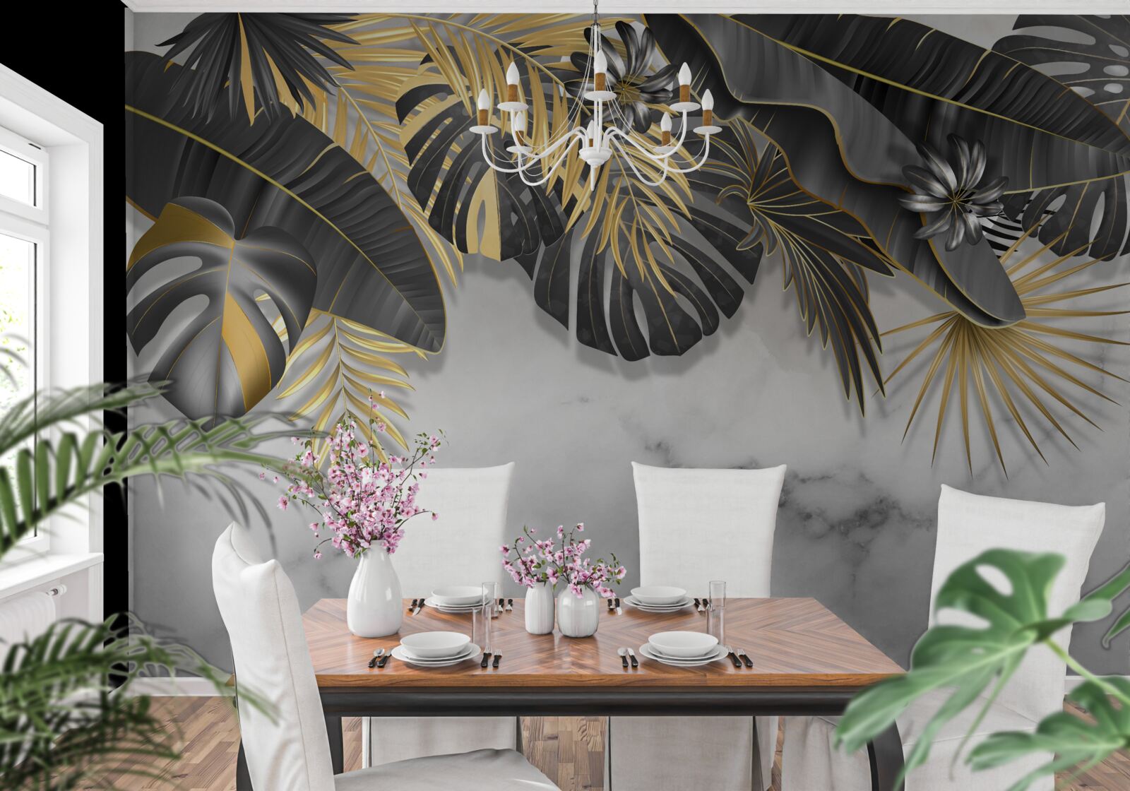 Papier peint La jungle tropicale étale des nuances de noir et de feuilles d'or