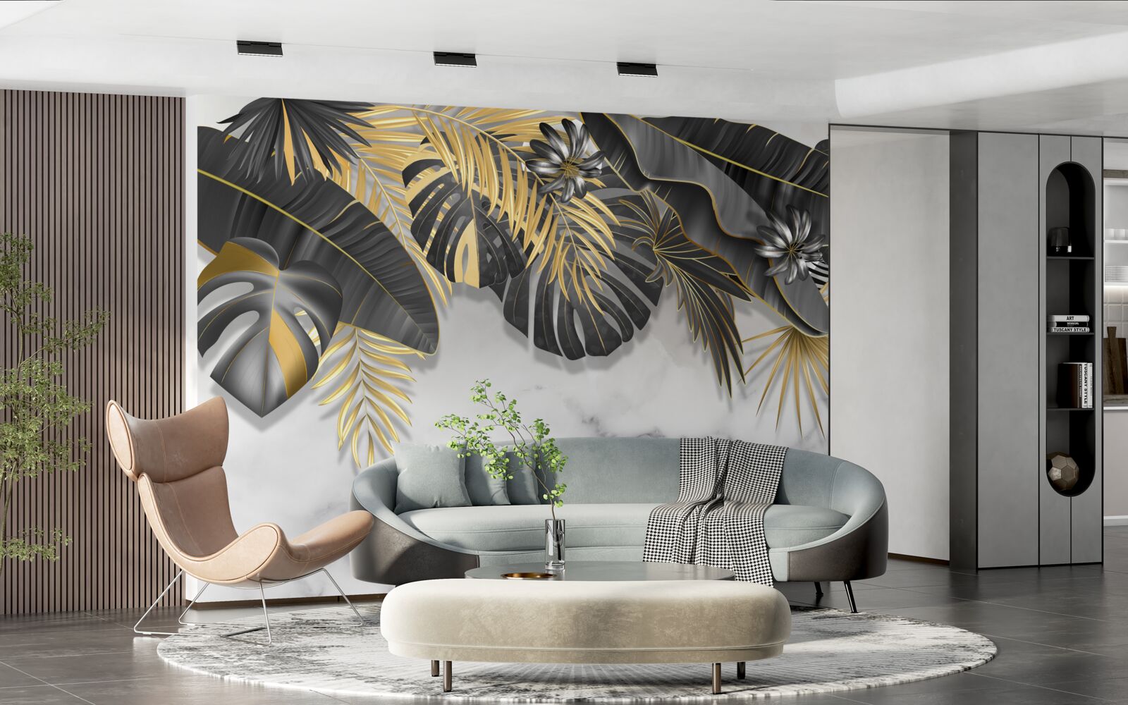 Papier peint La jungle tropicale étale des nuances de noir et de feuilles d'or