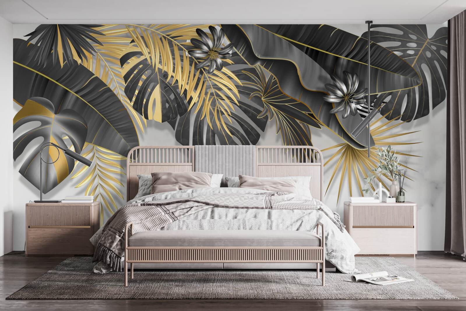 Papier peint La jungle tropicale étale des nuances de noir et de feuilles d'or