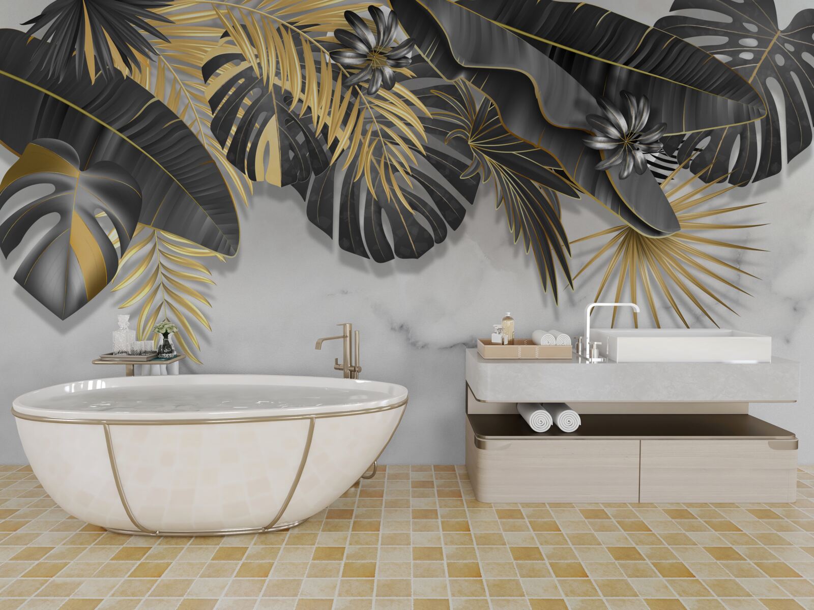 Papier peint La jungle tropicale étale des nuances de noir et de feuilles d'or