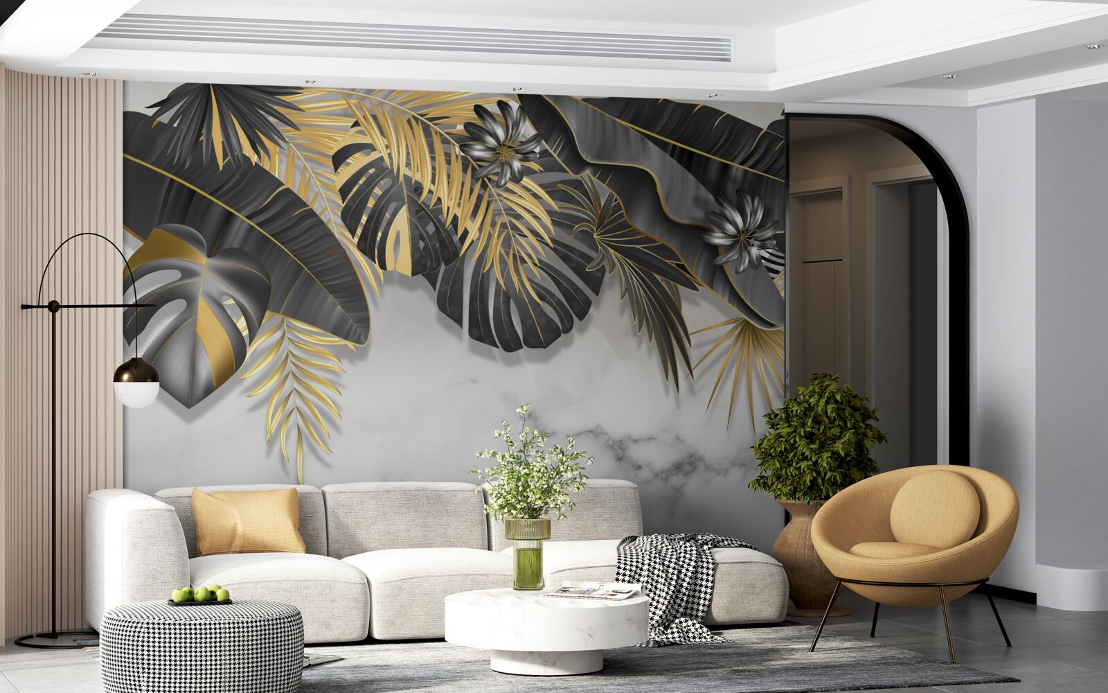 Papier peint La jungle tropicale étale des nuances de noir et de feuilles d'or