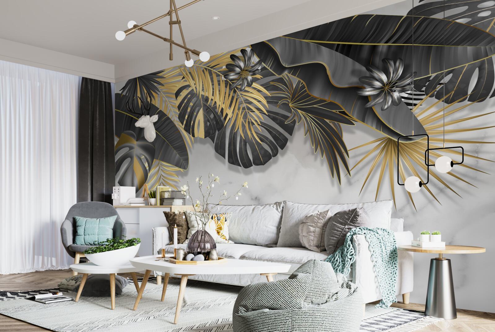 Papier peint La jungle tropicale étale des nuances de noir et de feuilles d'or