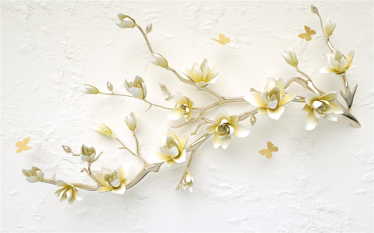 Papier peint une branche solitaire couverte de fleurs et de papillons