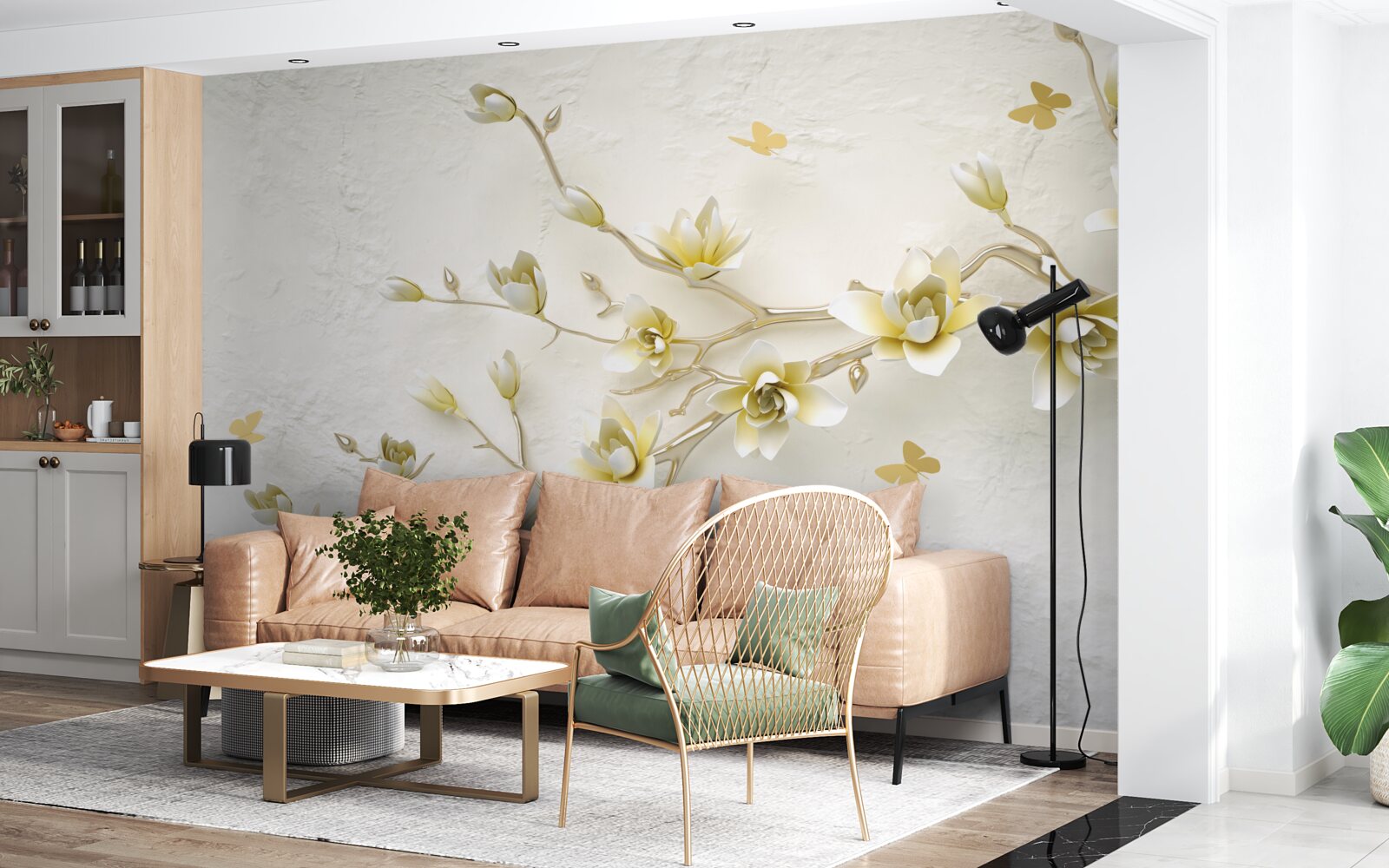 Papier peint une branche solitaire couverte de fleurs et de papillons