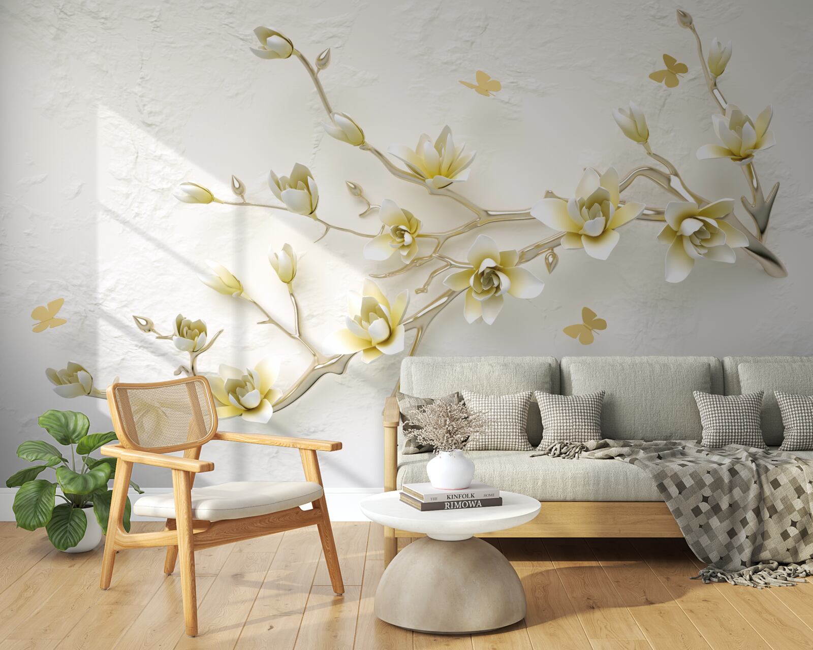 Papier peint une branche solitaire couverte de fleurs et de papillons