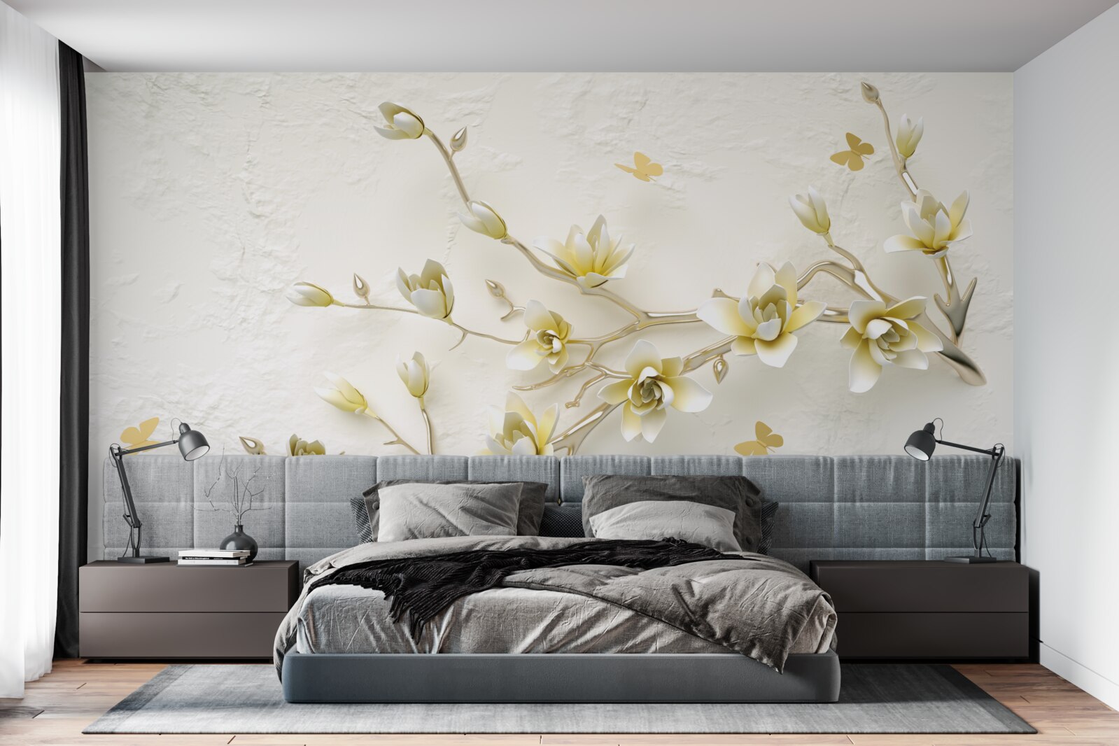 Papier peint une branche solitaire couverte de fleurs et de papillons