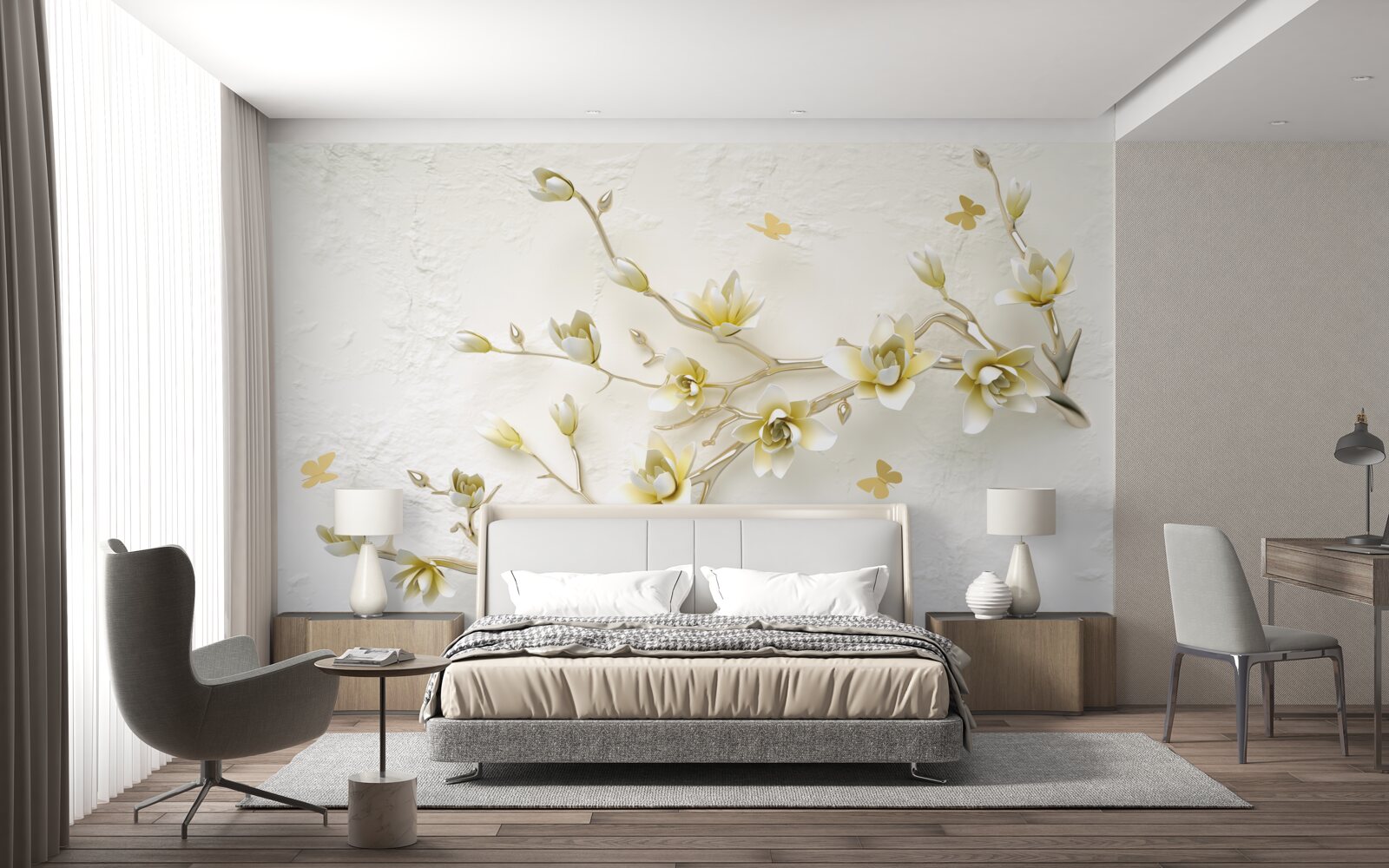 Papier peint une branche solitaire couverte de fleurs et de papillons