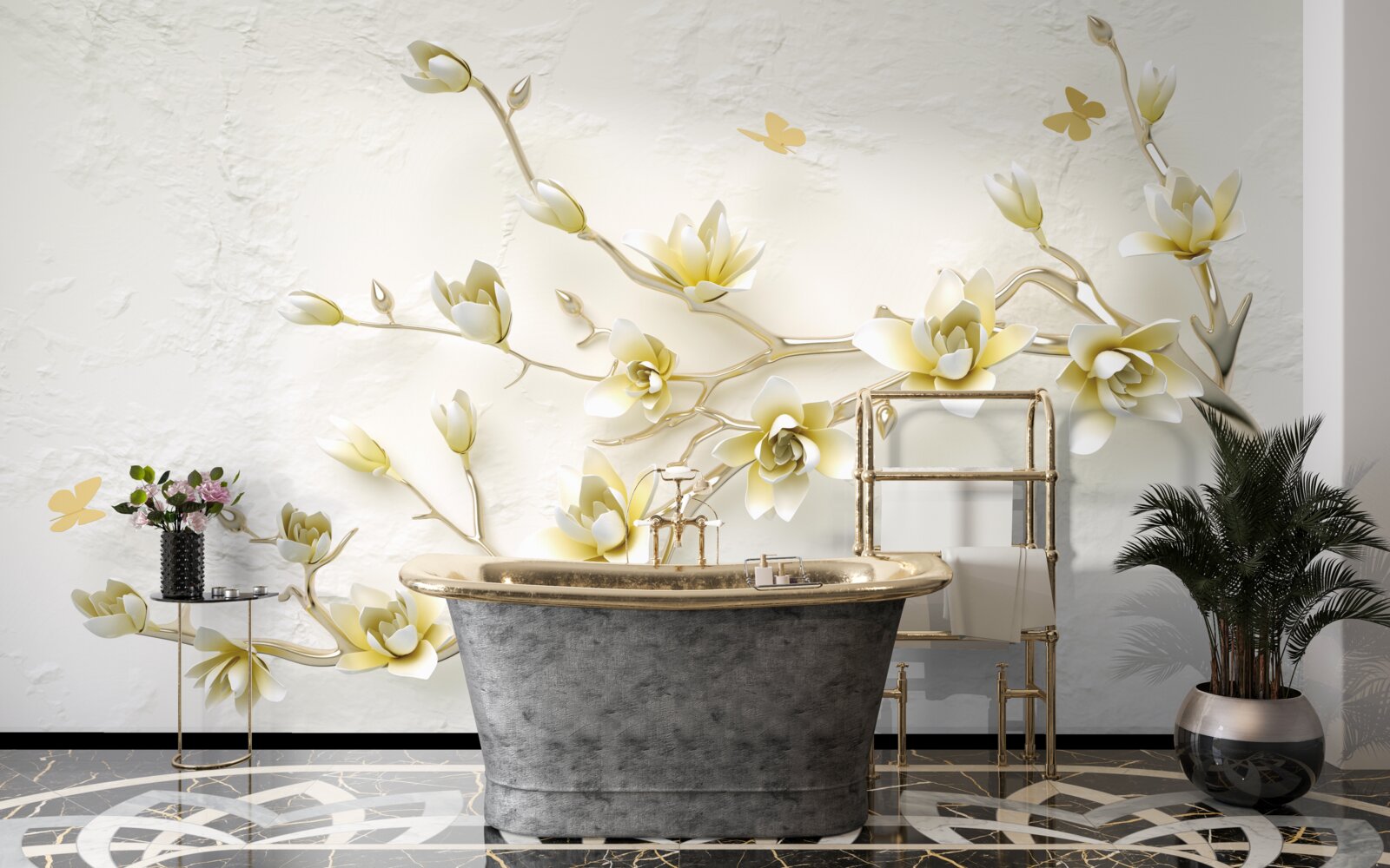 Papier peint une branche solitaire couverte de fleurs et de papillons