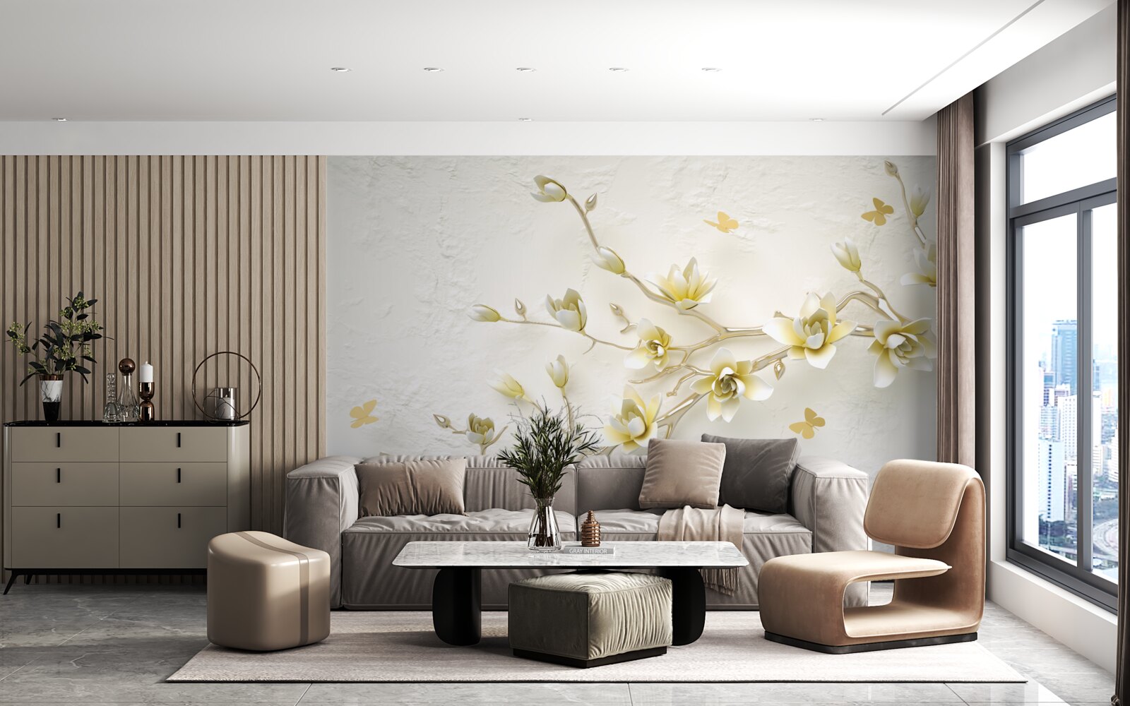 Papier peint une branche solitaire couverte de fleurs et de papillons