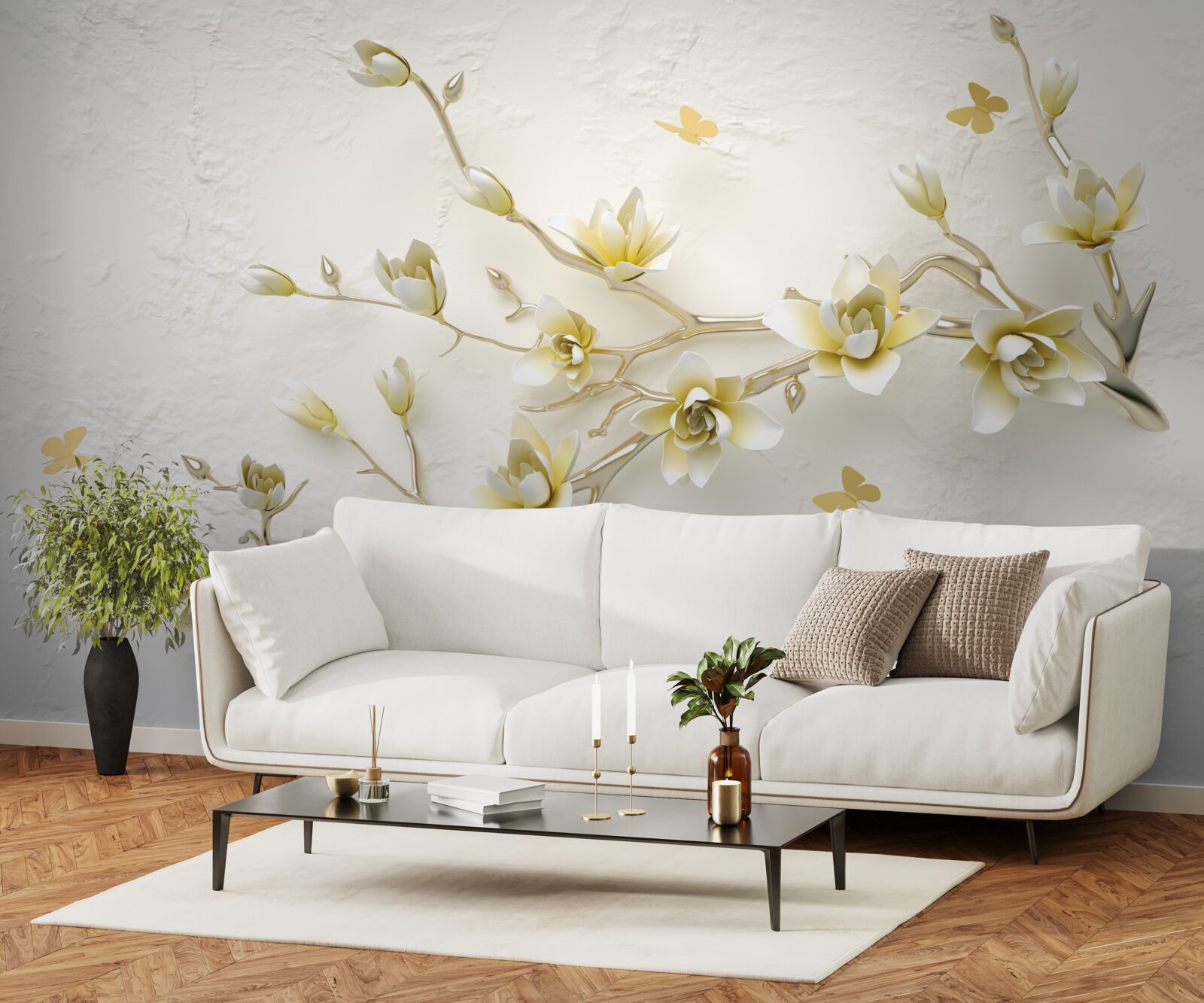 Papier peint une branche solitaire couverte de fleurs et de papillons