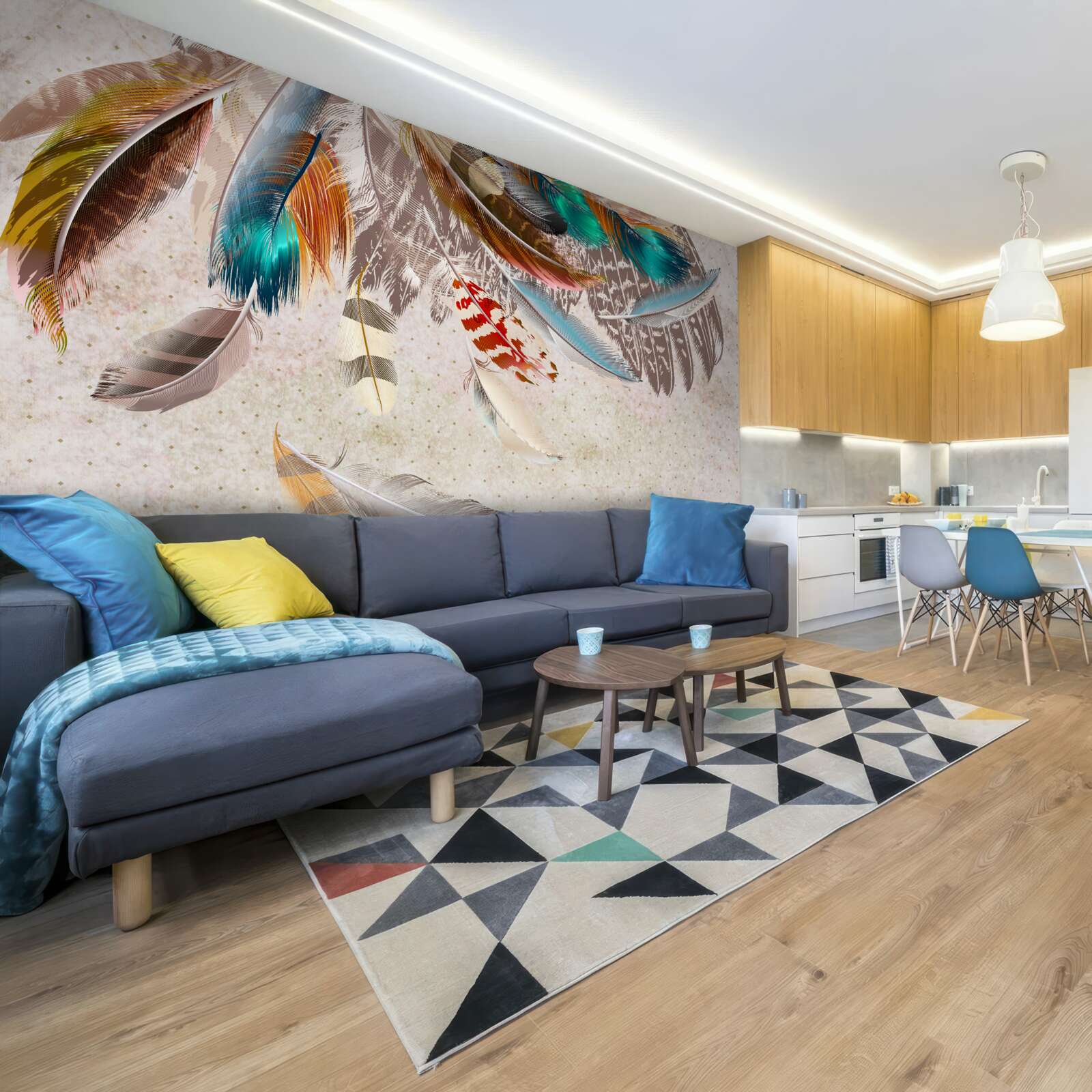 Papier peint chute de plumes multicolores