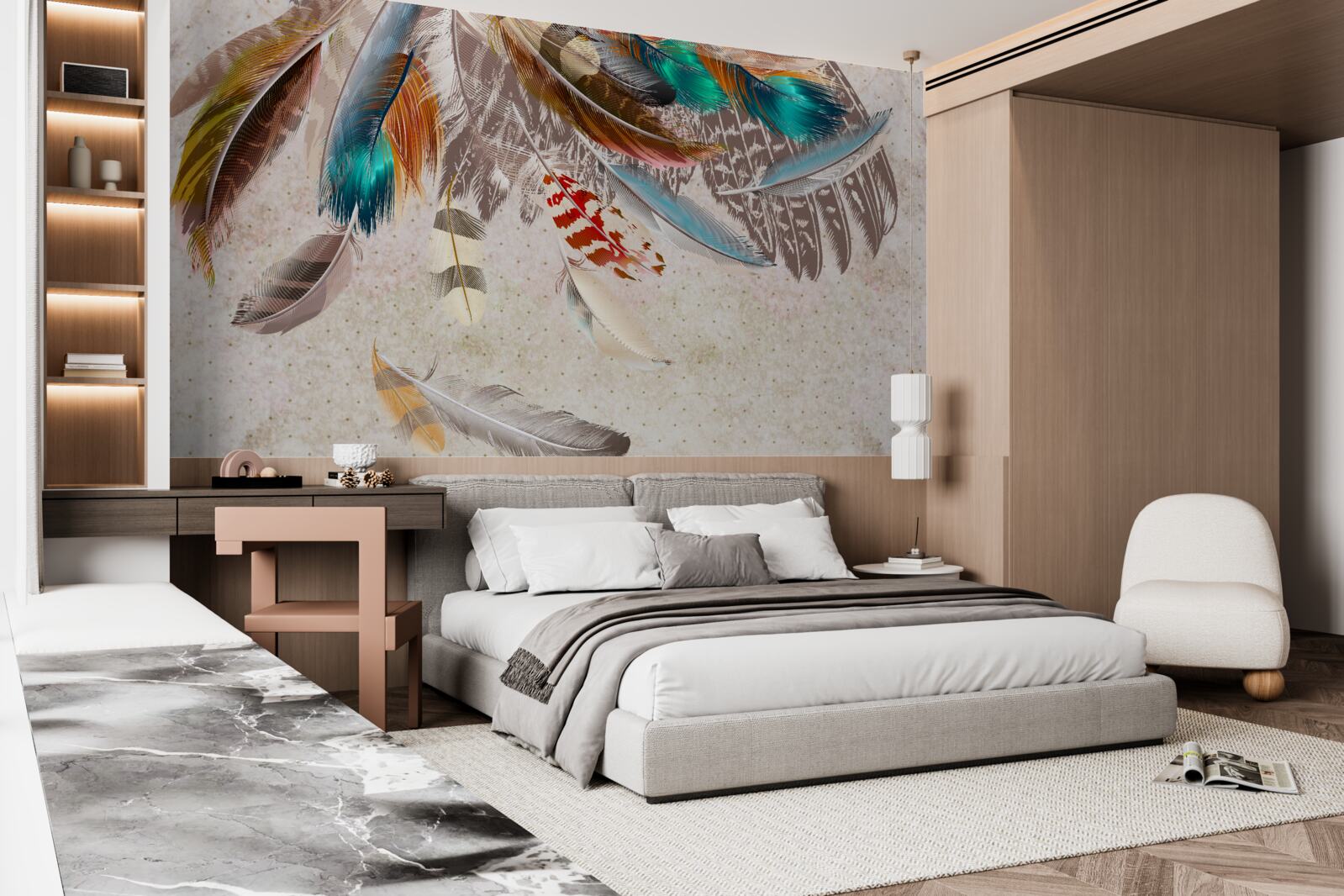 Papier peint chute de plumes multicolores