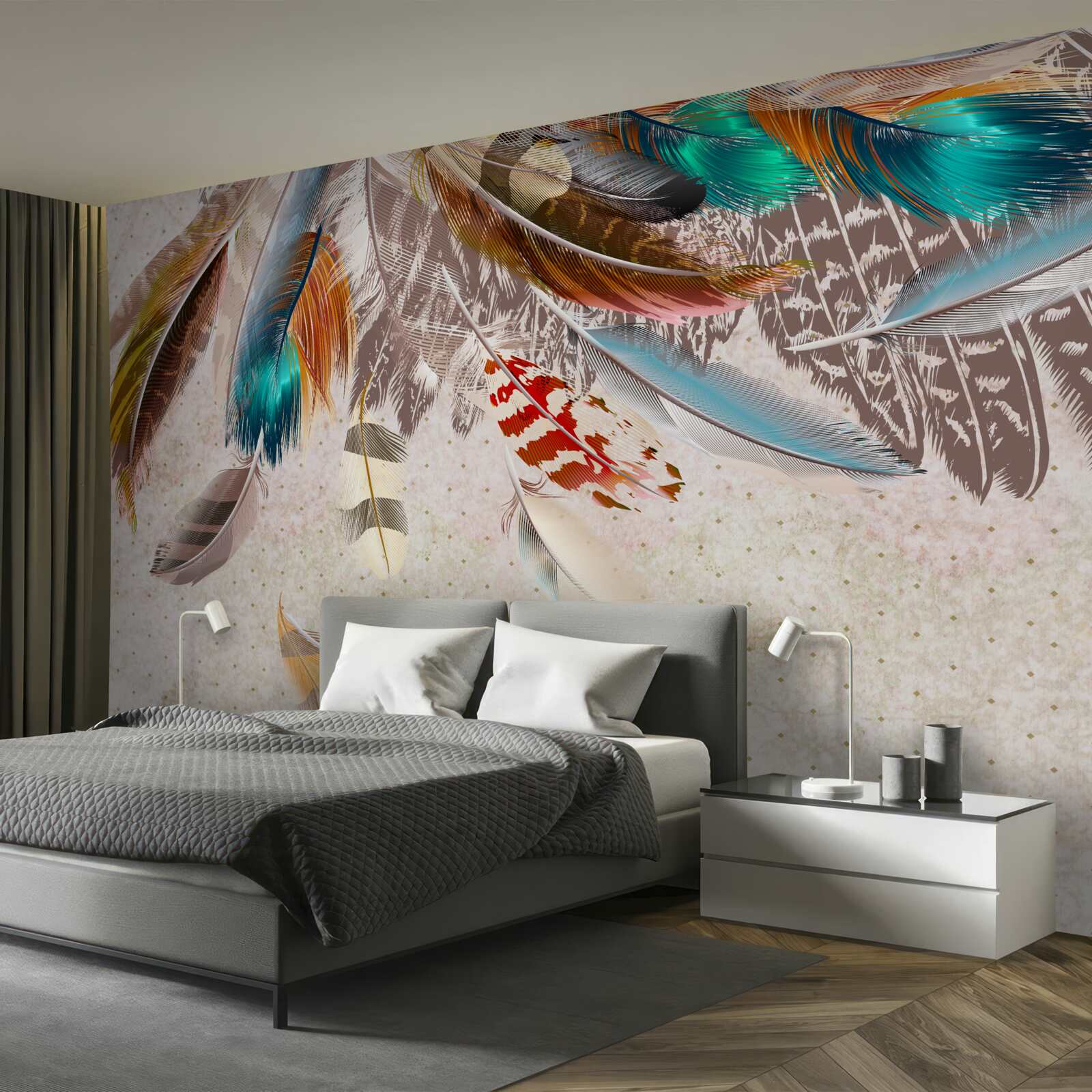 Papier peint chute de plumes multicolores