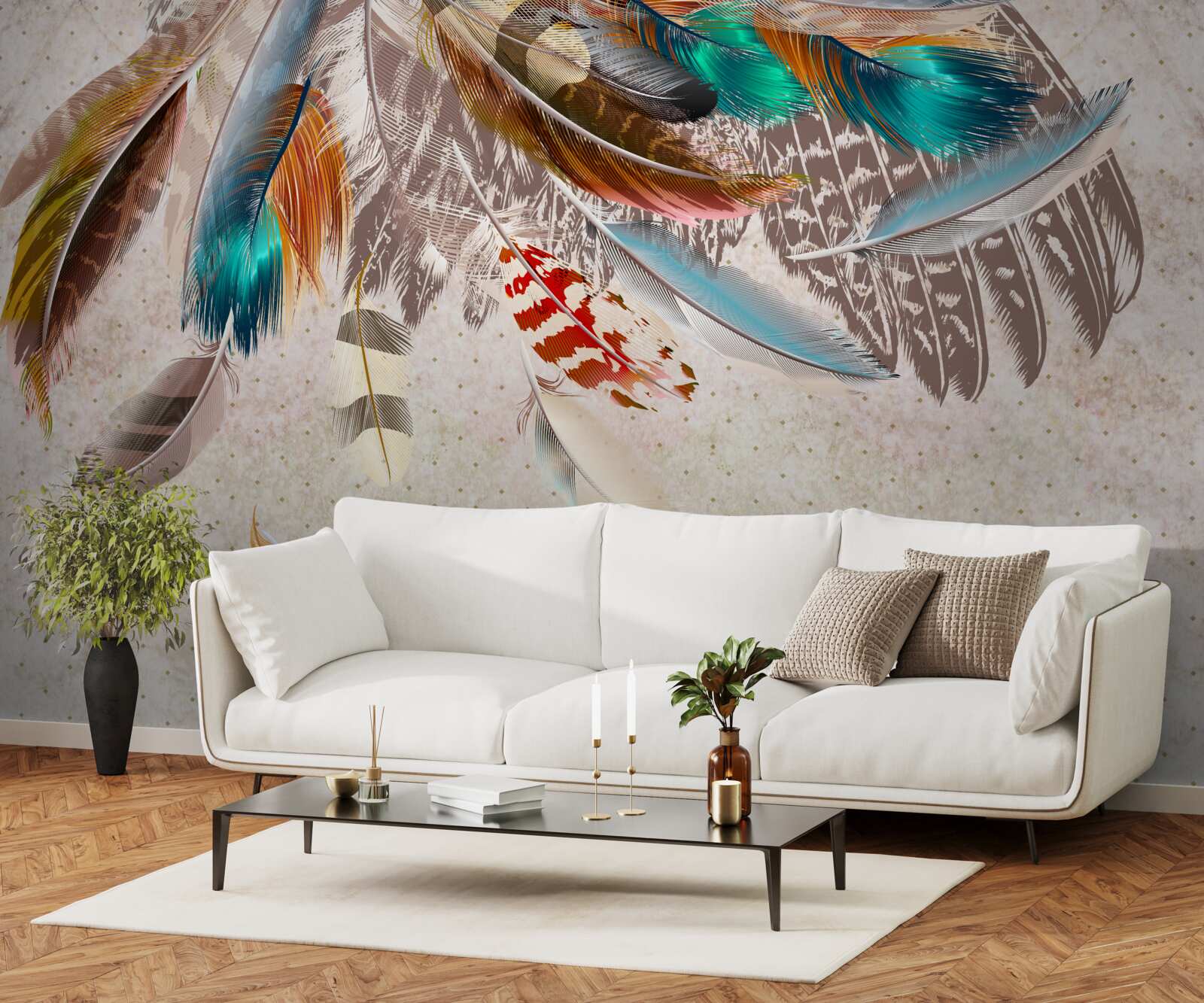 Papier peint chute de plumes multicolores