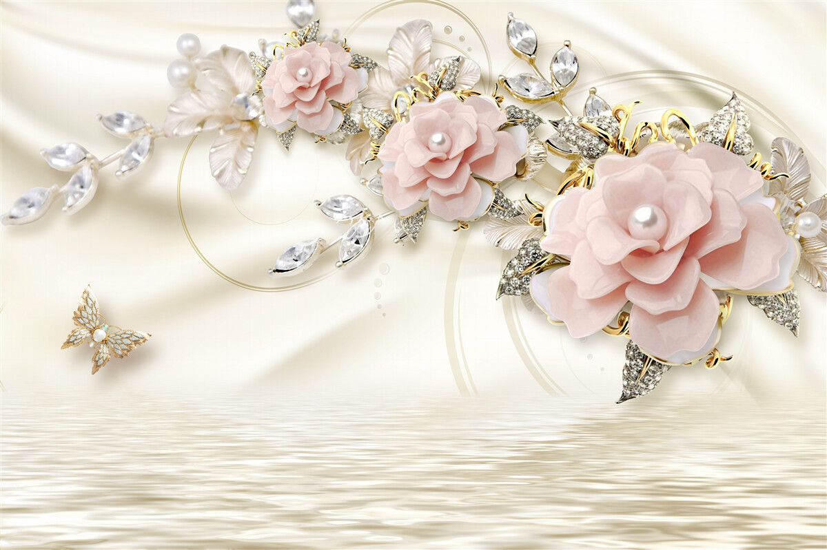 Papier peint au-dessus de l'eau pend une branche avec des fleurs roses, décorée de perles