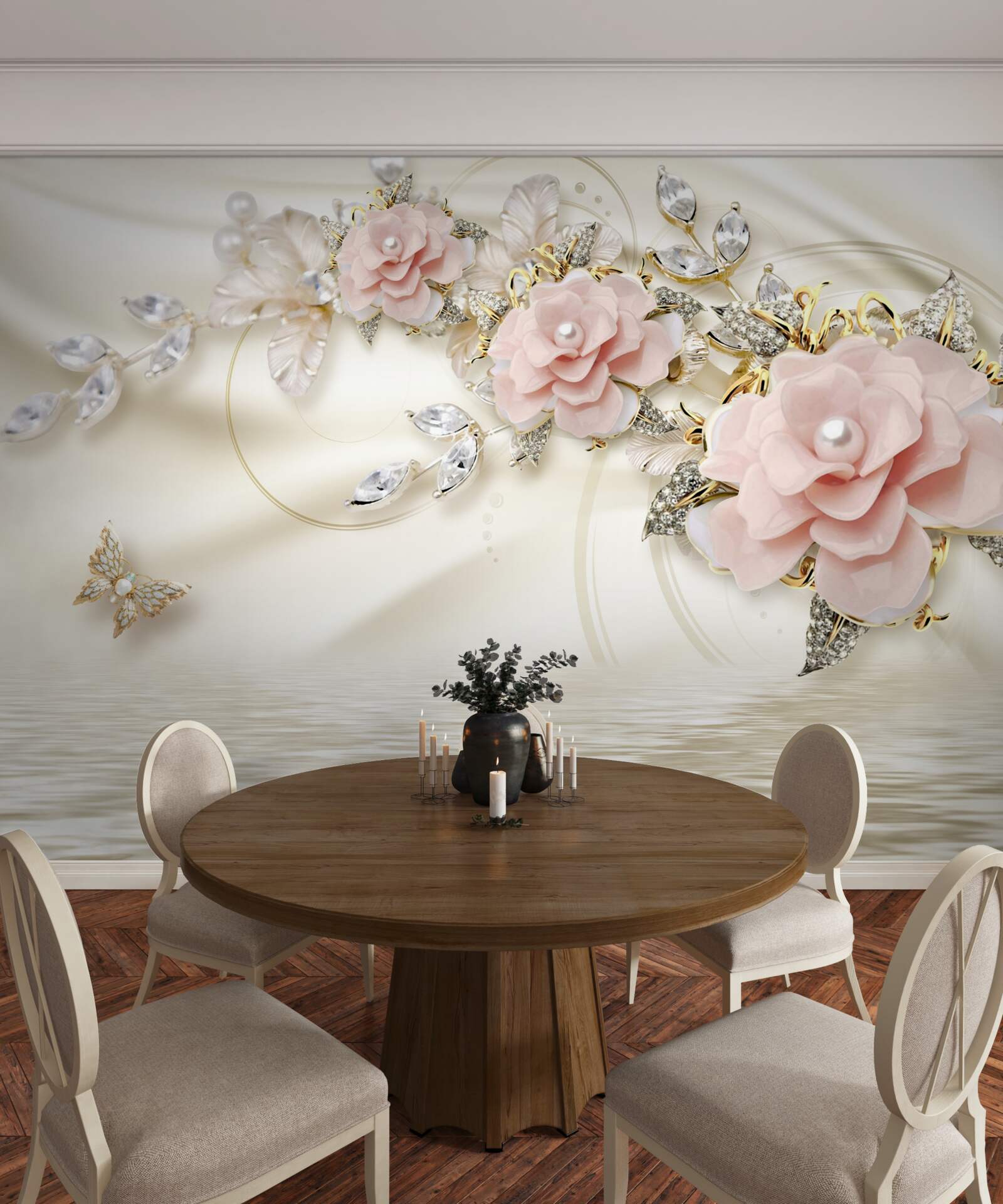 Papier peint au-dessus de l'eau pend une branche avec des fleurs roses, décorée de perles