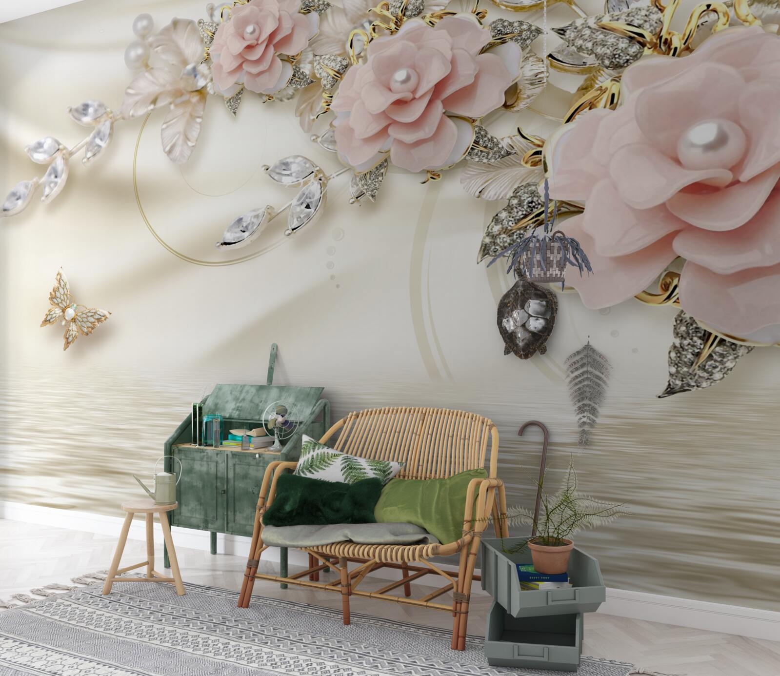 Papier peint au-dessus de l'eau pend une branche avec des fleurs roses, décorée de perles