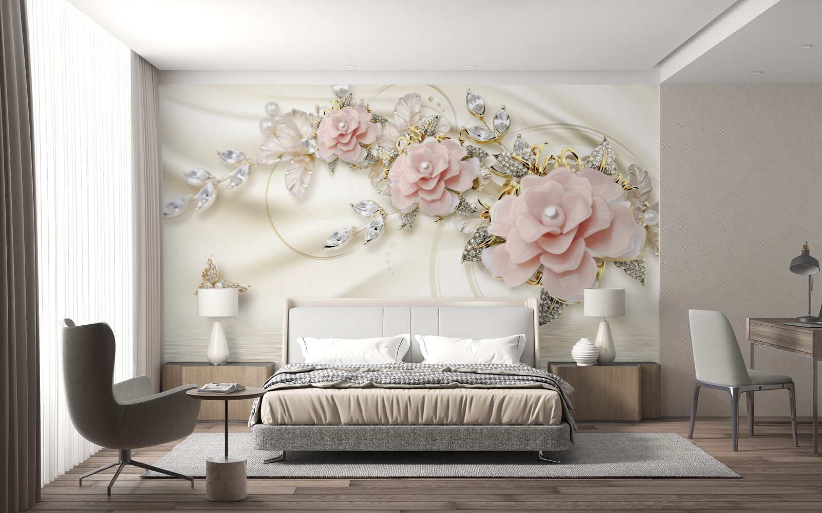 Papier peint au-dessus de l'eau pend une branche avec des fleurs roses, décorée de perles