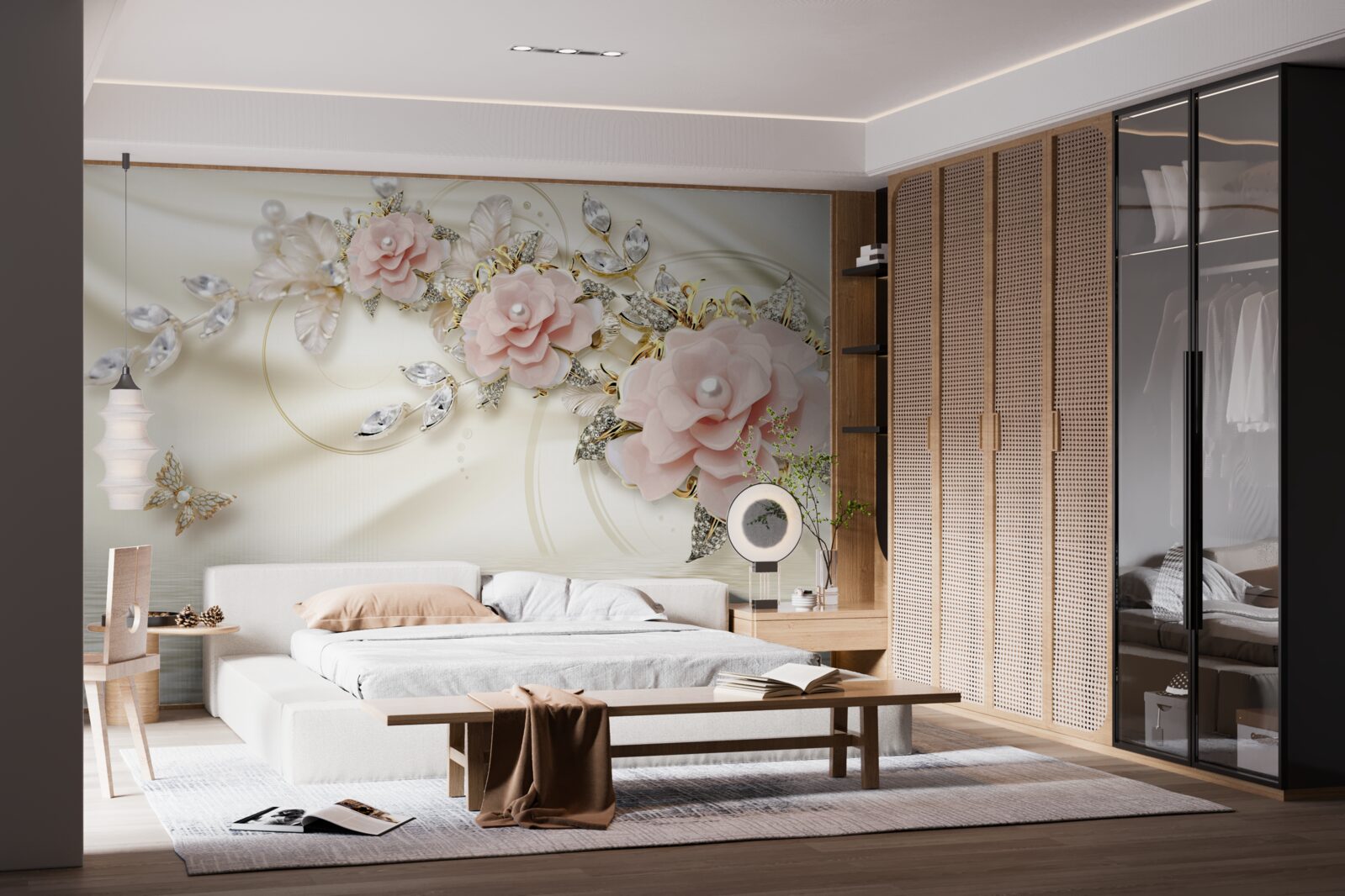 Papier peint au-dessus de l'eau pend une branche avec des fleurs roses, décorée de perles