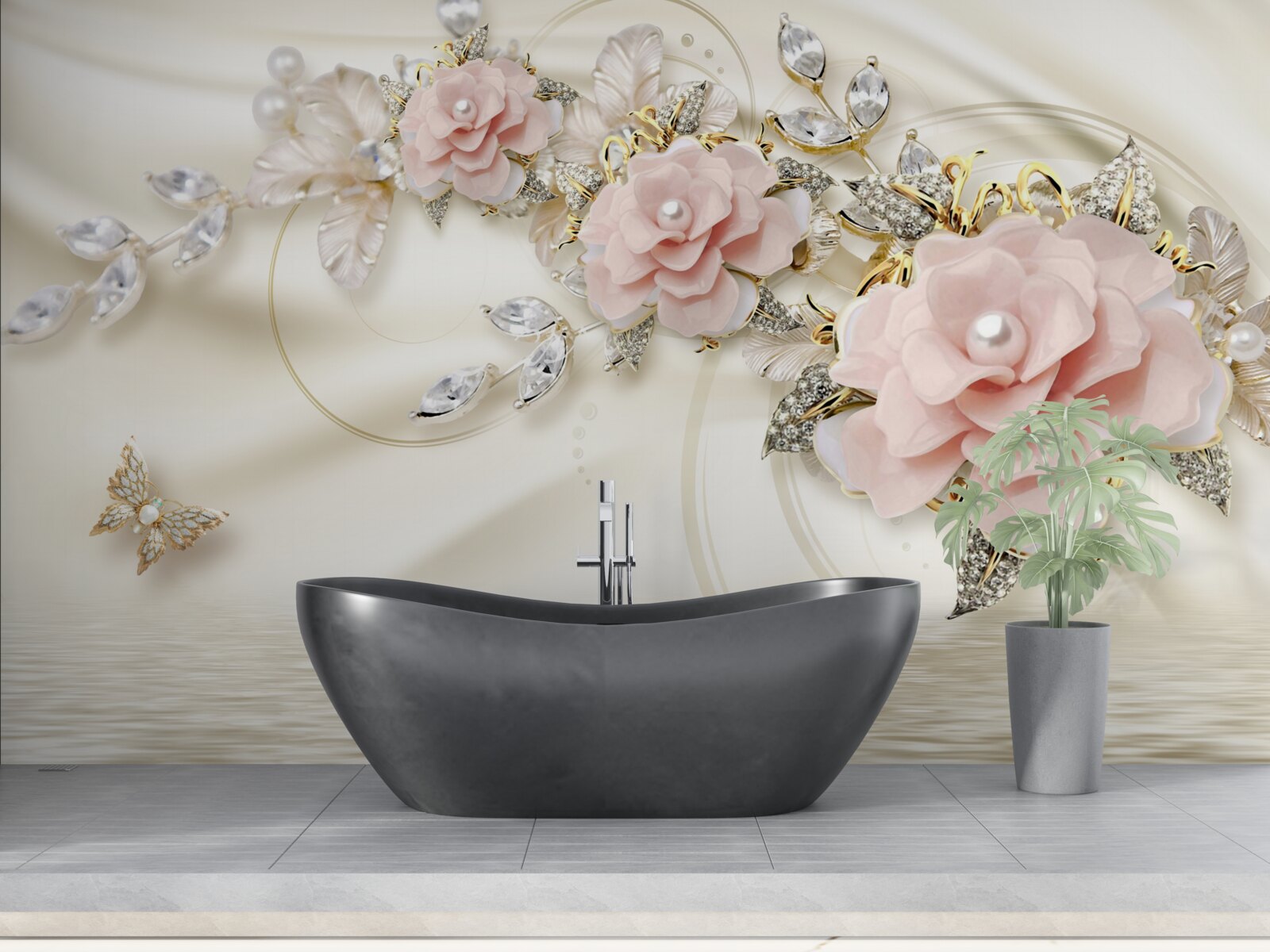 Papier peint au-dessus de l'eau pend une branche avec des fleurs roses, décorée de perles