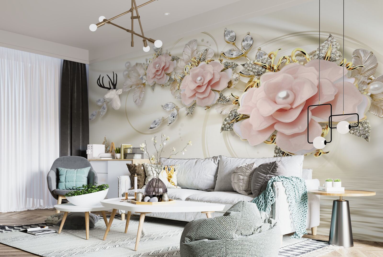 Papier peint au-dessus de l'eau pend une branche avec des fleurs roses, décorée de perles