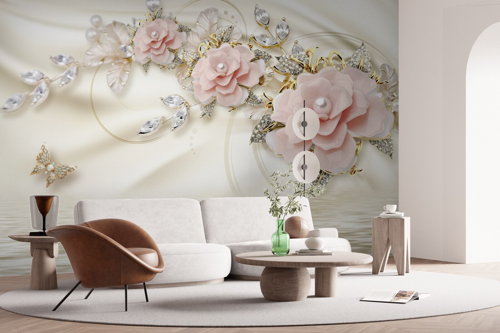 Papier peint au-dessus de l'eau pend une branche avec des fleurs roses, décorée de perles