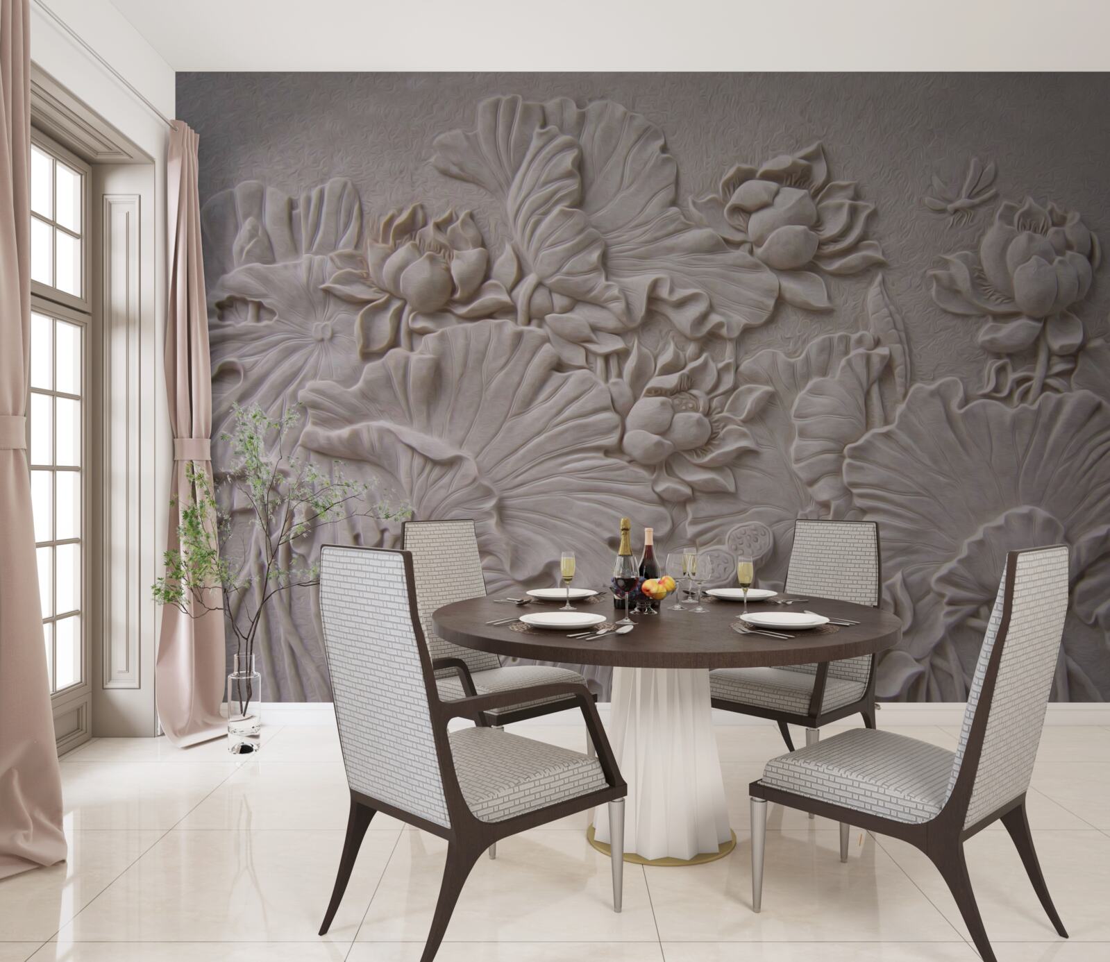 Papier peint relief en argile décoré d'images de fleurs et de plantes