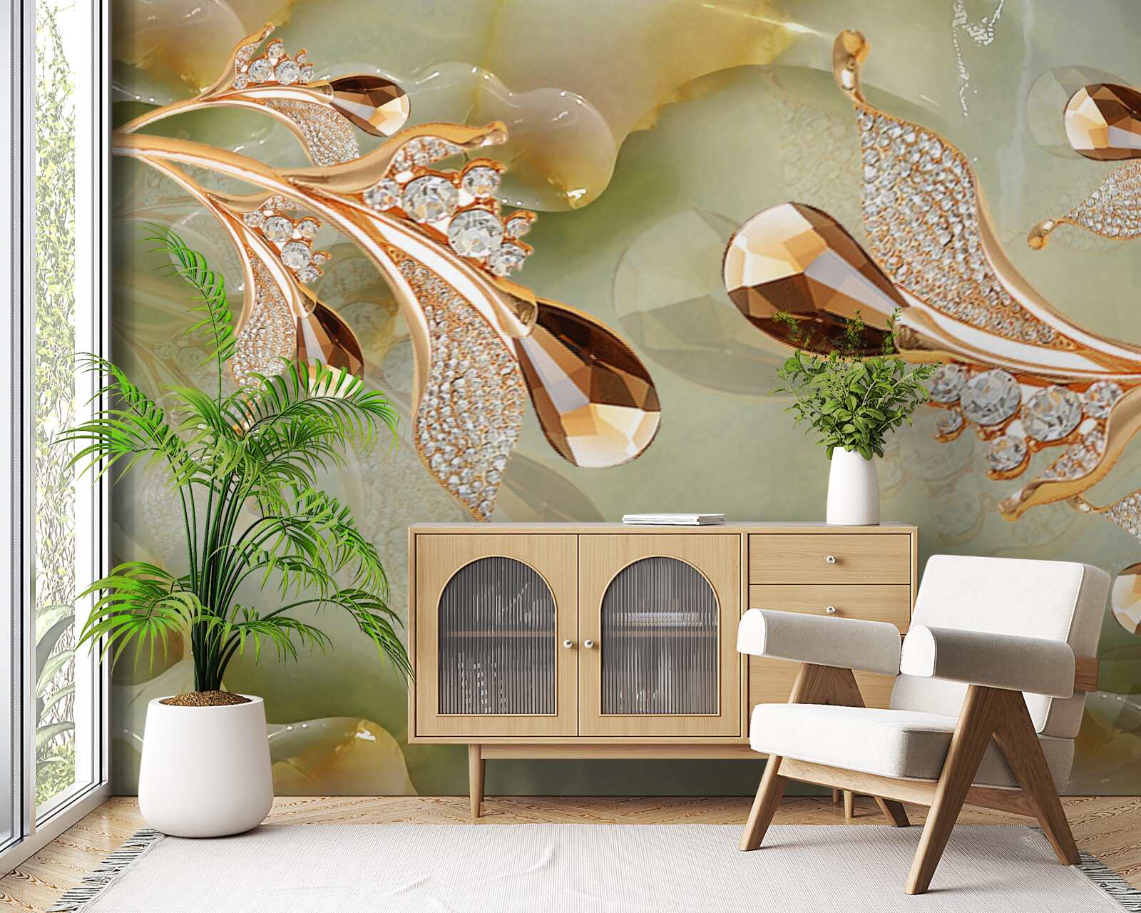 Papier peint branches dorées décorées