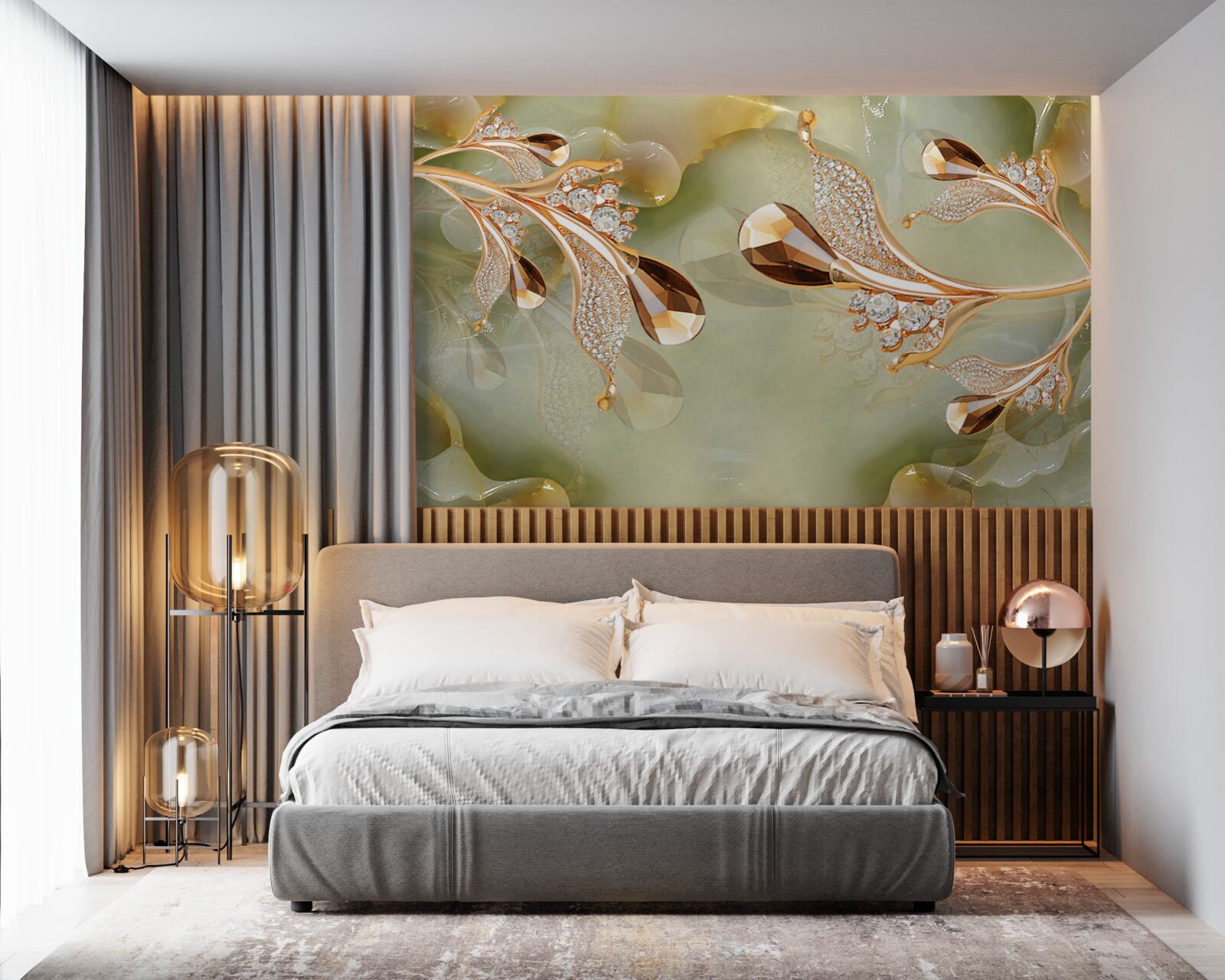 Papier peint branches dorées décorées