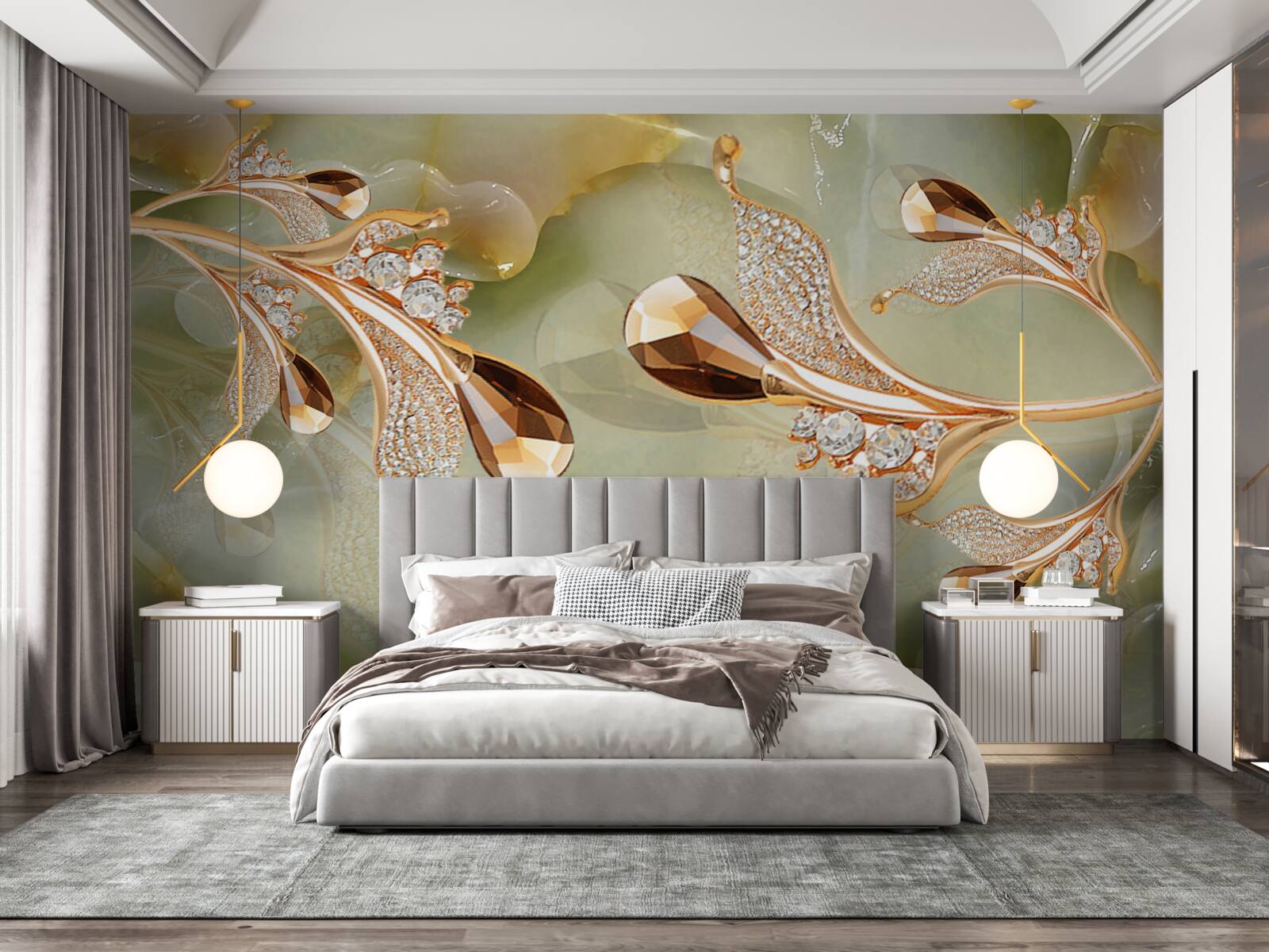 Papier peint branches dorées décorées