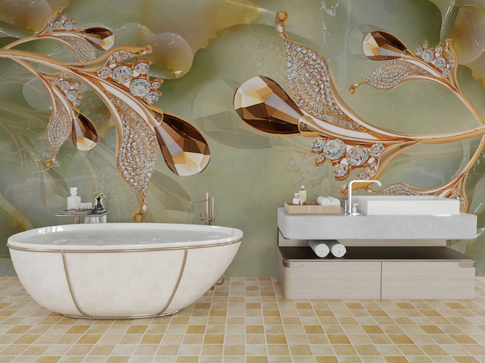 Papier peint branches dorées décorées