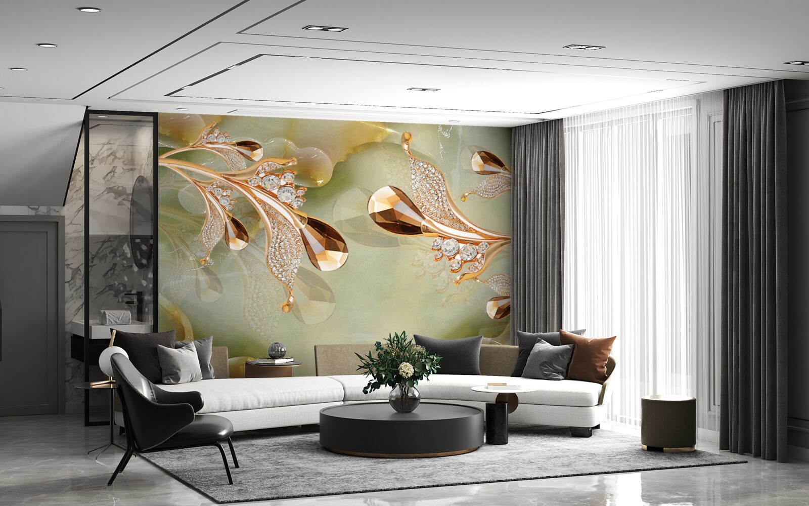 Papier peint branches dorées décorées