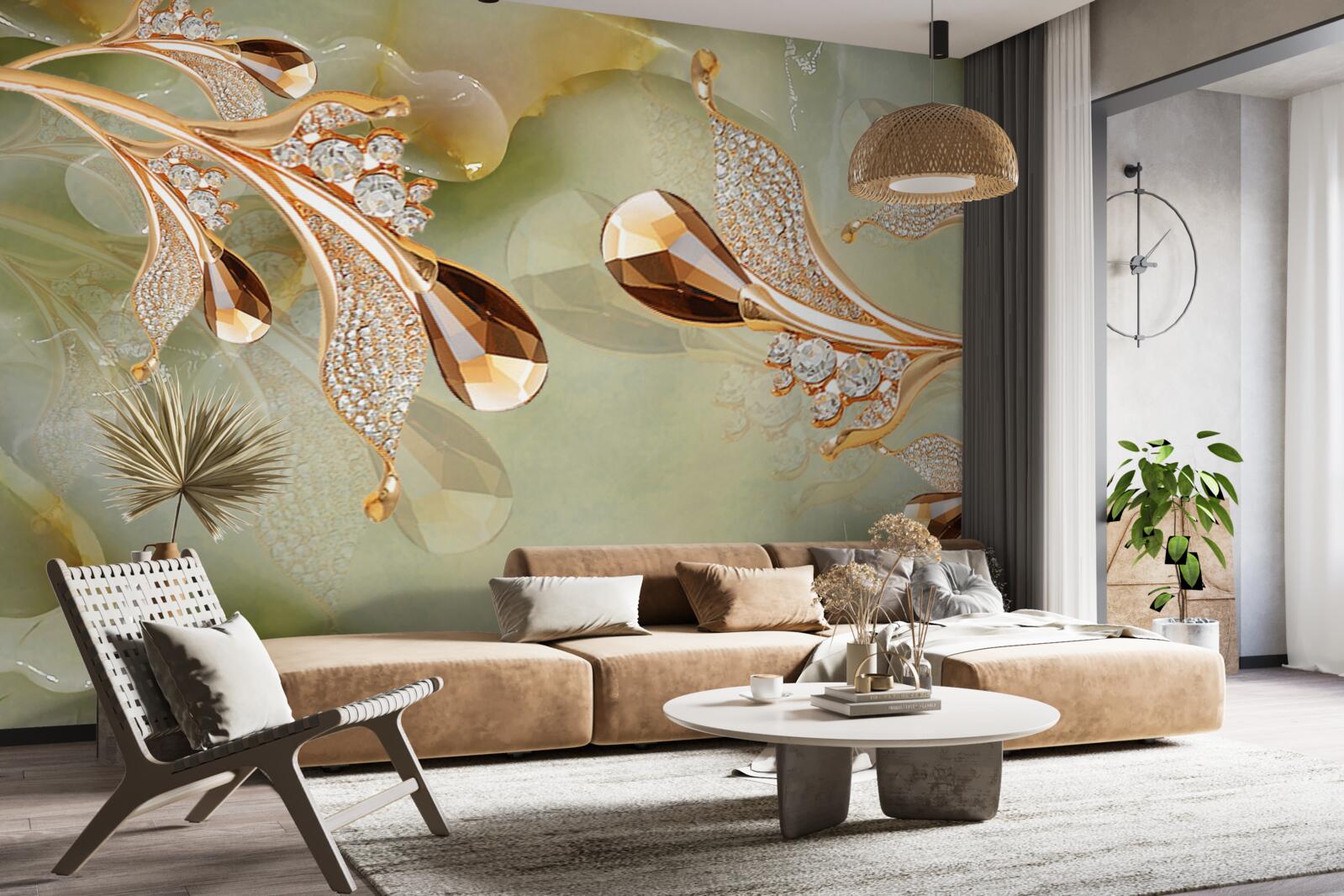 Papier peint branches dorées décorées