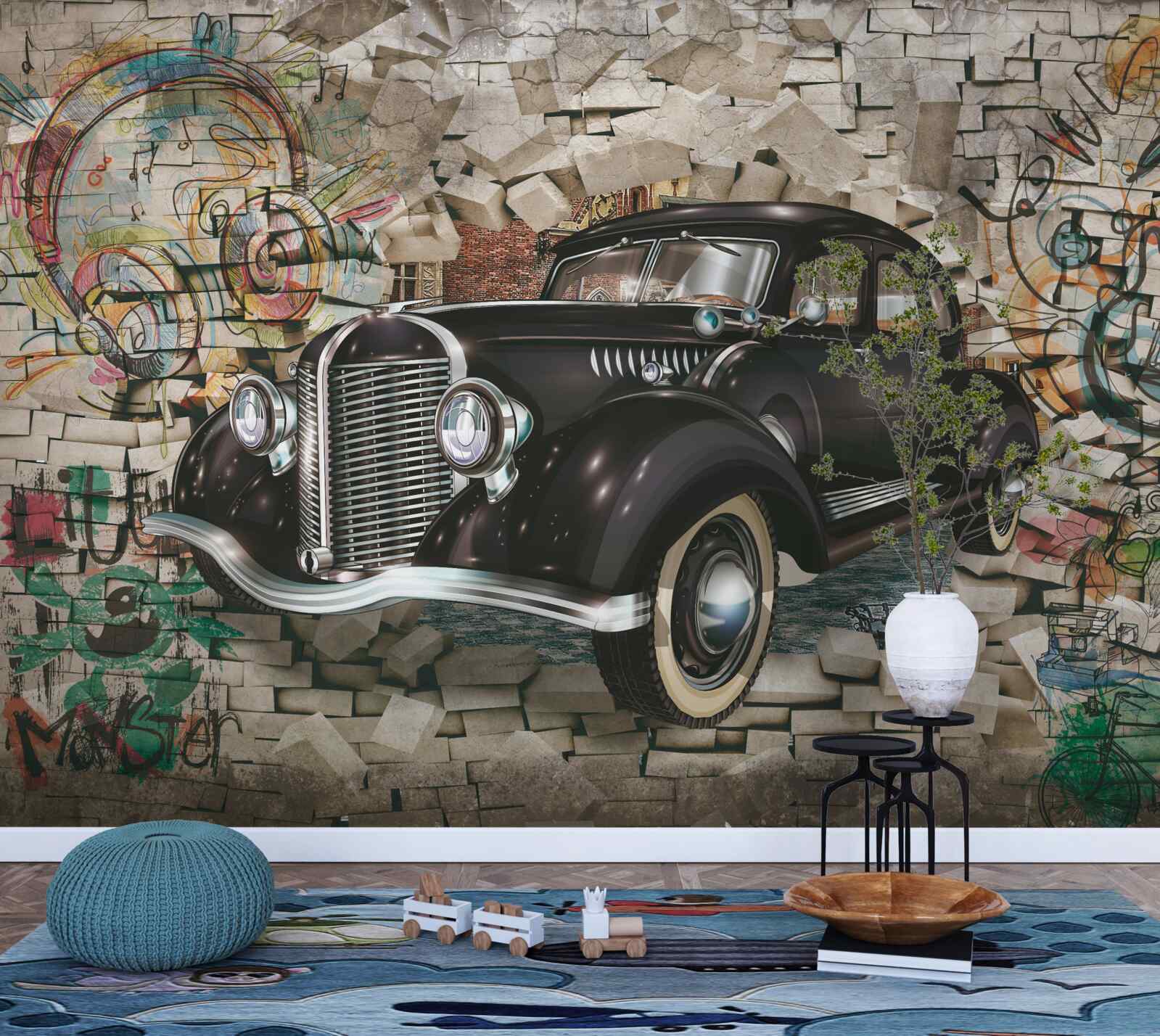 Papier peint voiture noire vintage sur le mur